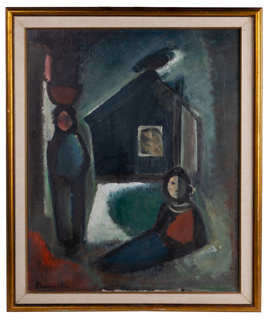 Pranas Domsaitis (South African, 1880-1965): Pranas Domsaitis (South African, 1880-1965) 'Two Figures Before Hut' Oil on Masonite 1952, signed lower left, depicting two figures outside a hut; gilt wood frame Height: 19 1/4 inches, Width: 24 inch