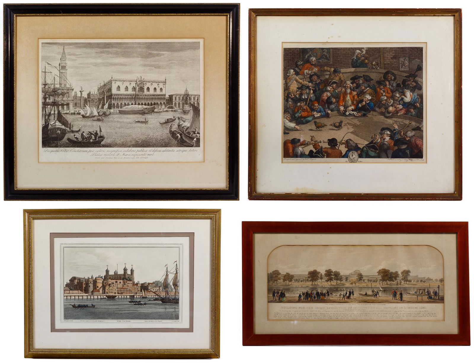 18th and 19th Century Print Assortment: 18th and 19th Century Print Assortment (4) items, each matted and framed under glass, including after William Hogarth (English, 1697-1764) 'Pit Ticket' hand-colored engraving, 1759, printed signature