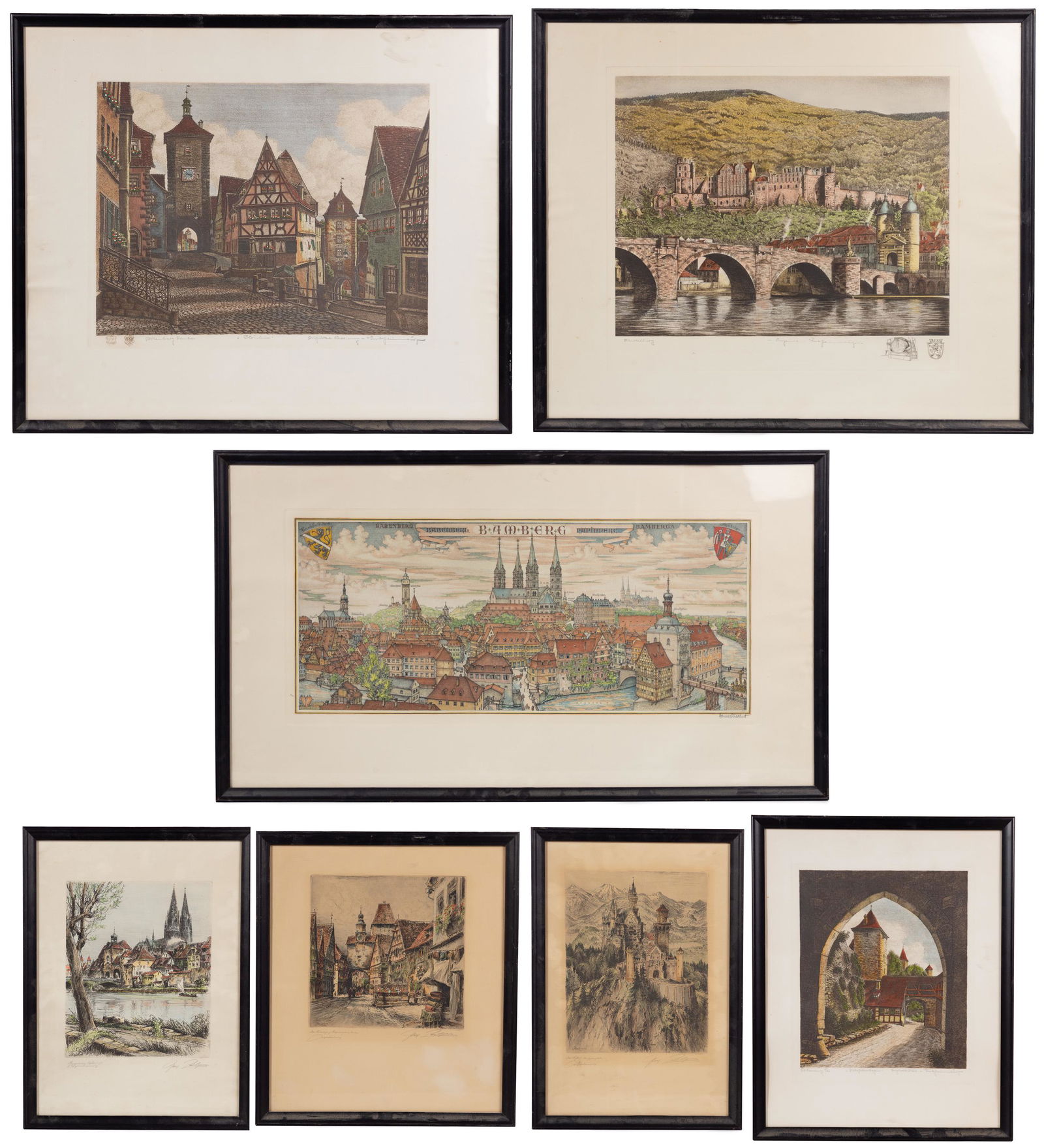 European Cityscape Print Assortment: European Cityscape Print Assortment Undated, (7) polychrome prints including (3) works by Paul Robert Geissler (German, 1874-1954), pencil signed by artist lower right and titled lower left; (3) works