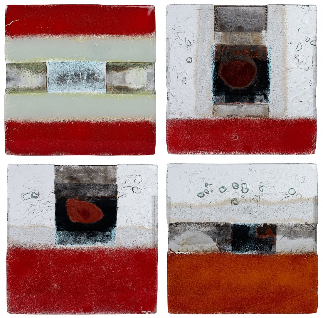 Iveta Bencova Glass Panel Assortment: Iveta Bencova Glass Panel Assortment 2012, (4) fused glass abstract panels depicting geometric shapes including (3) rectangular in shades of red, silver, grey, black and blue within clear glass; and a