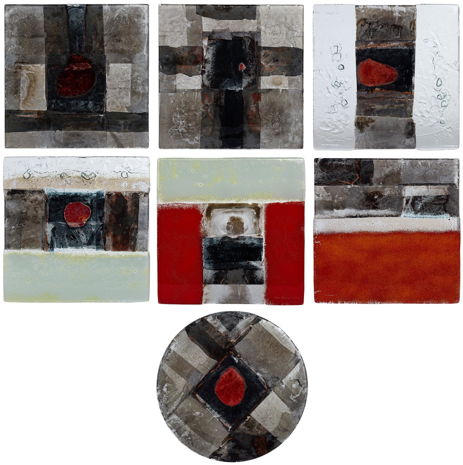 Iveta Bencova Glass Panel Assortment: Iveta Bencova Glass Panel Assortment 2012, (7) fused glass abstract panels depicting geometric shapes including (4) rectangular and a circular dominated by shades of silver, grey and black and having 