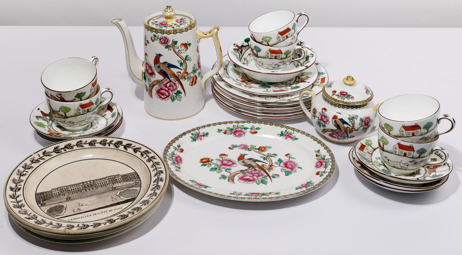 Crown Staffordshire 'Hunt' China Assortment: Crown Staffordshire 'Hunt' China Assortment (20) pieces including (6) teacups, (6) saucers, (6) luncheon plates, bowl and bread plate; together with (5) pieces of Whieldon Ware 'Pheasant', chocolate p