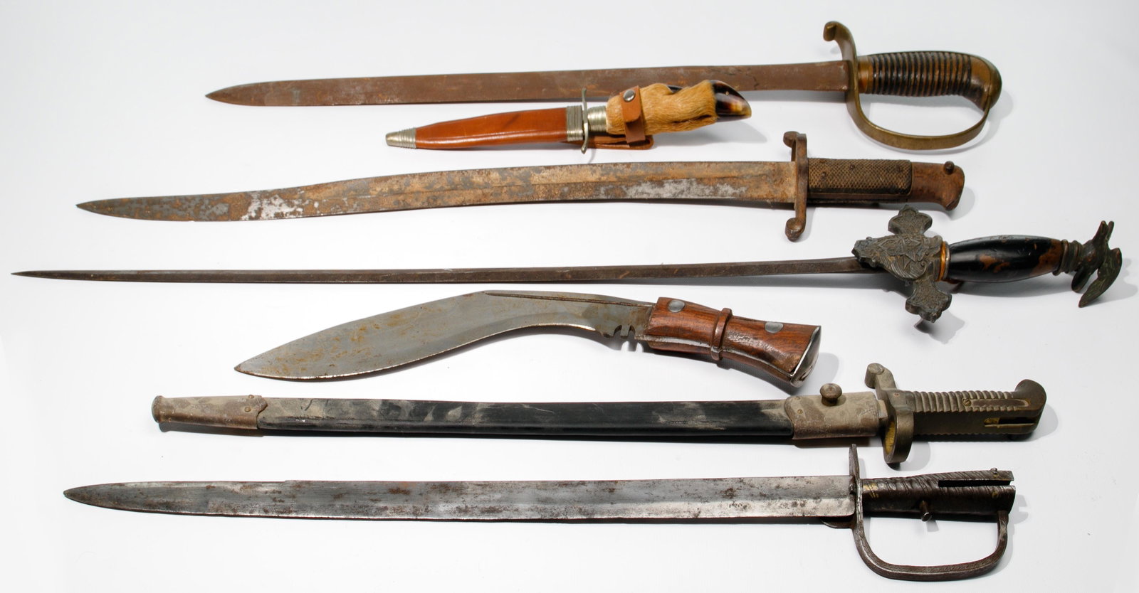 Military, Masonic and Decorative Bayonet, Sword and: Military, Masonic and Decorative Bayonet, Sword and Knife Assortment (7) items including an Italian bayonet with scabbard; Knights of Columbus sword; bayonet with black handle; sword with brass and le