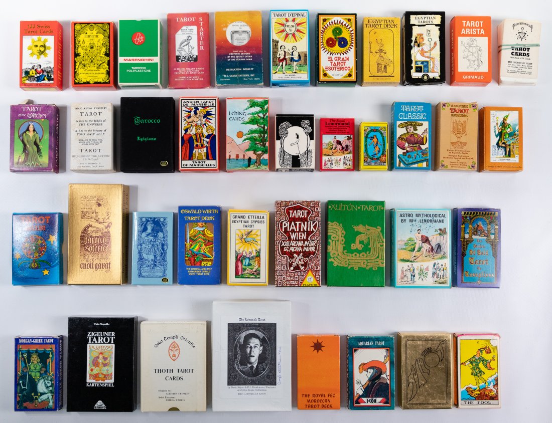 Tarot Card Assortment: Tarot Card Assortment (39) complete sets including a Lovecraft card deck (1997) 1st edition, first printing signed by the illustrator Daryl Hutchinson #62/100; Zigeuner deck, Walter Wegmuller Sphinx i