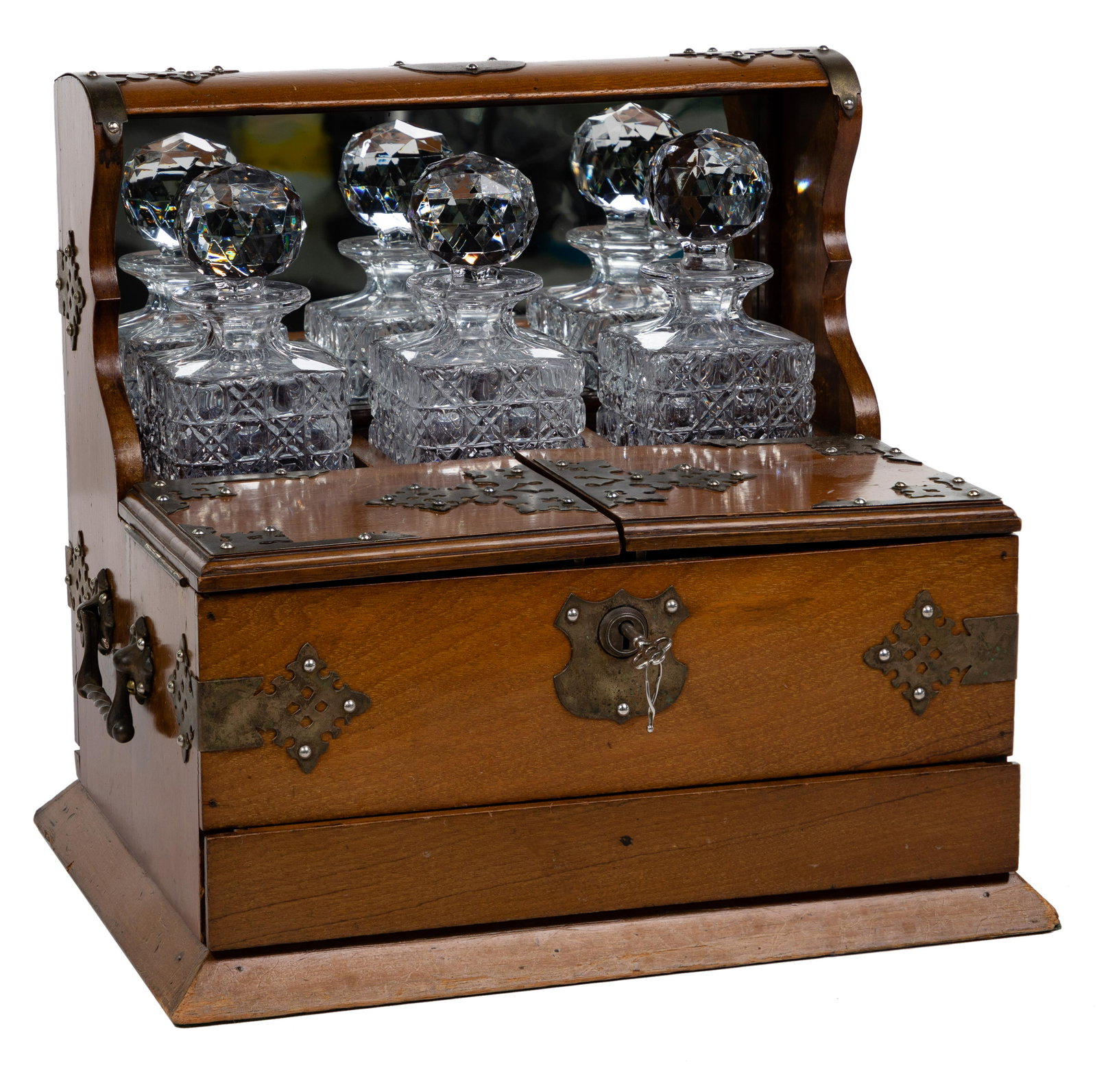 Oak Tantalus with Decanters: Oak Tantalus with Decanters c.1870, English style traveling liquor cabinet; brass mounts and handles; mirrored back; two hinged compartments; three crystal decanters; four crystal cordials; original k
