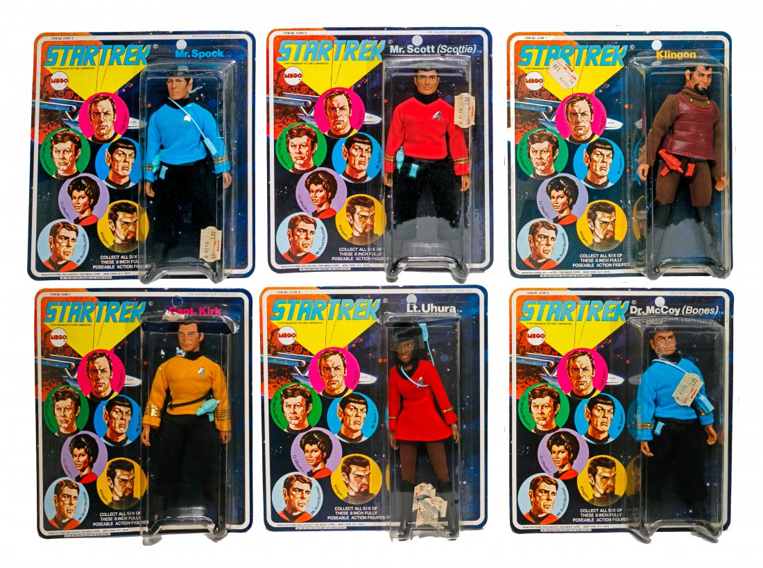 Star Trek Mego 1974 Action Figure Complete Set: Star Trek Mego 1974 Action Figure Complete Set (6) figures including Capt. Kirk #51200/1, Mr. Spock #51200/2, Dr. McCoy (Bones) #51200/3, Lt. Uhura #51200/4, Mr. Scott (Scottie) #51200/5 and Klingon #
