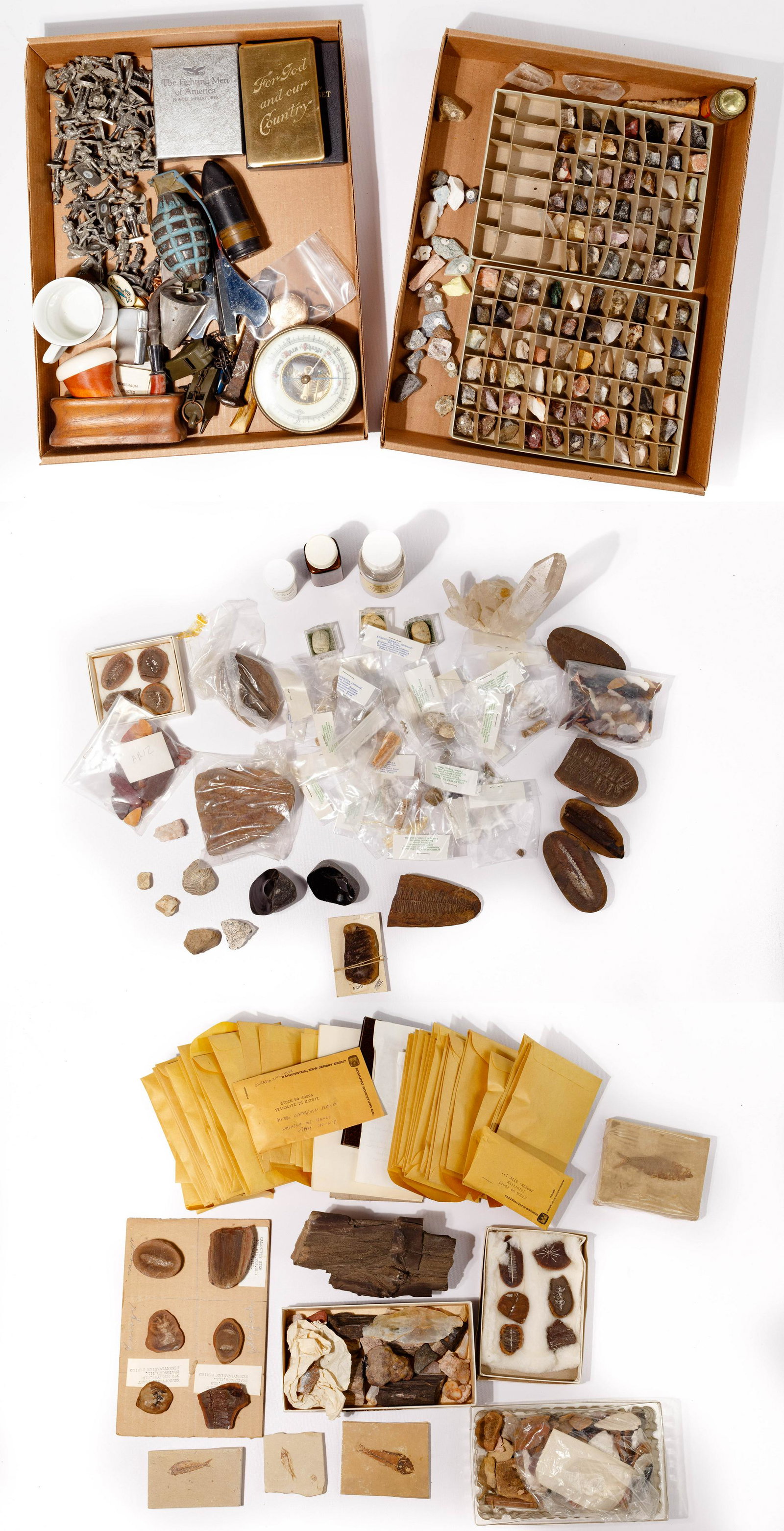 Fossil, Shell and War Relic Assortment: Fossil, Shell and War Relic Assortment Over (50) fossils with most identified and packaged; (2) boxes of rocks, over (100) in display boxes with most identified by number; and military items including