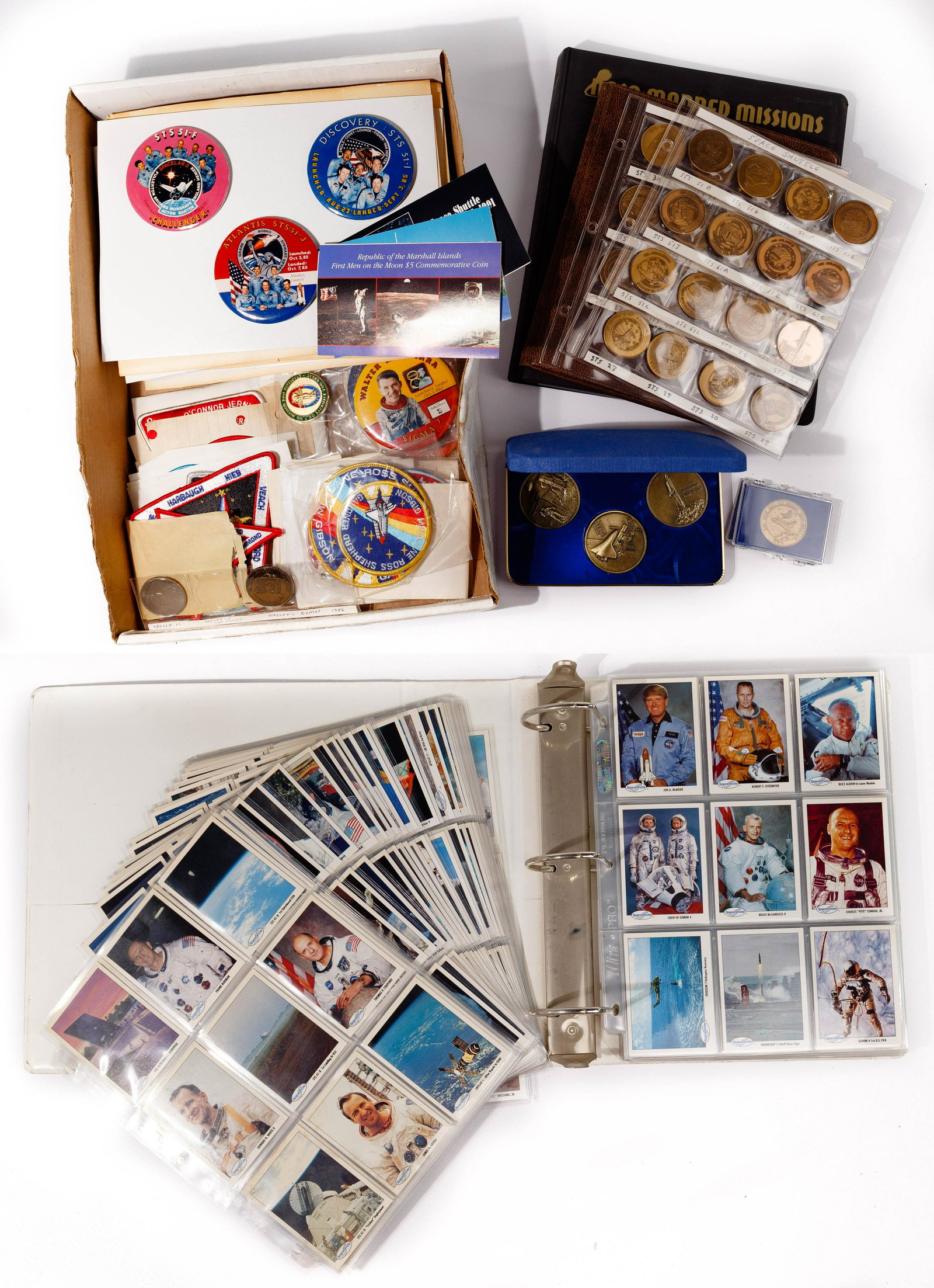 Space Exploration Trading Card and Token Assortment: Space Exploration Trading Card and Token Assortment Items including patches, tokens, coins, button pins and (2) full binders of trading cards; depicting space travel from the Gemini project through th