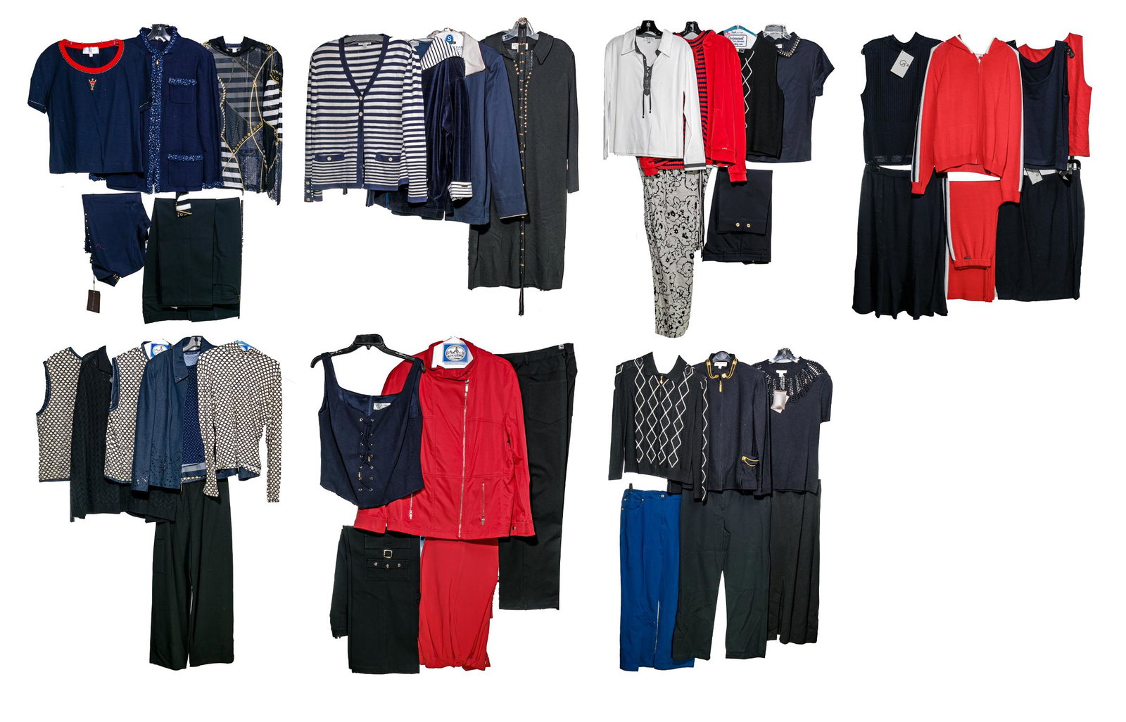 St. John Clothing Assortment: St. John Clothing Assortment Approximately (42) items in the black, blue, white and red colorways, some from the St. John sport and collection series, many designed by Marie Gray; including jackets, b