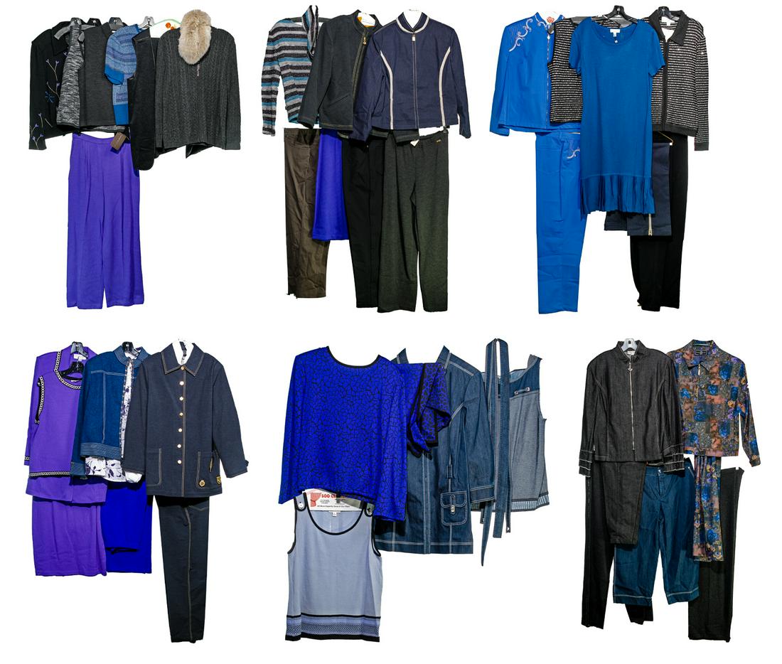 St. John Clothing Assortment: St. John Clothing Assortment (38) items including St. John, St. John Collection and St. John Sport by Marie Gray; featuring cashmere sweater having detachable fox fur collar; purple knit 3-piece suit