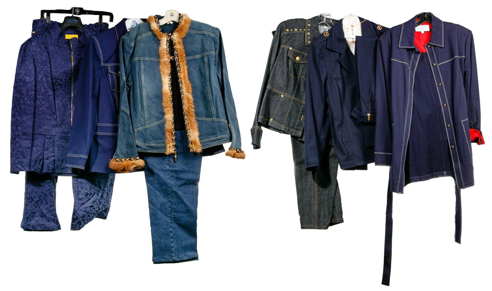 St. John Denim Assortment: St. John Denim Assortment (11) items including black shell having embroidered brown / beige yoke (size S); fur trimmed zipper denim jacket (size 14); dark blue western style longer jacket having white