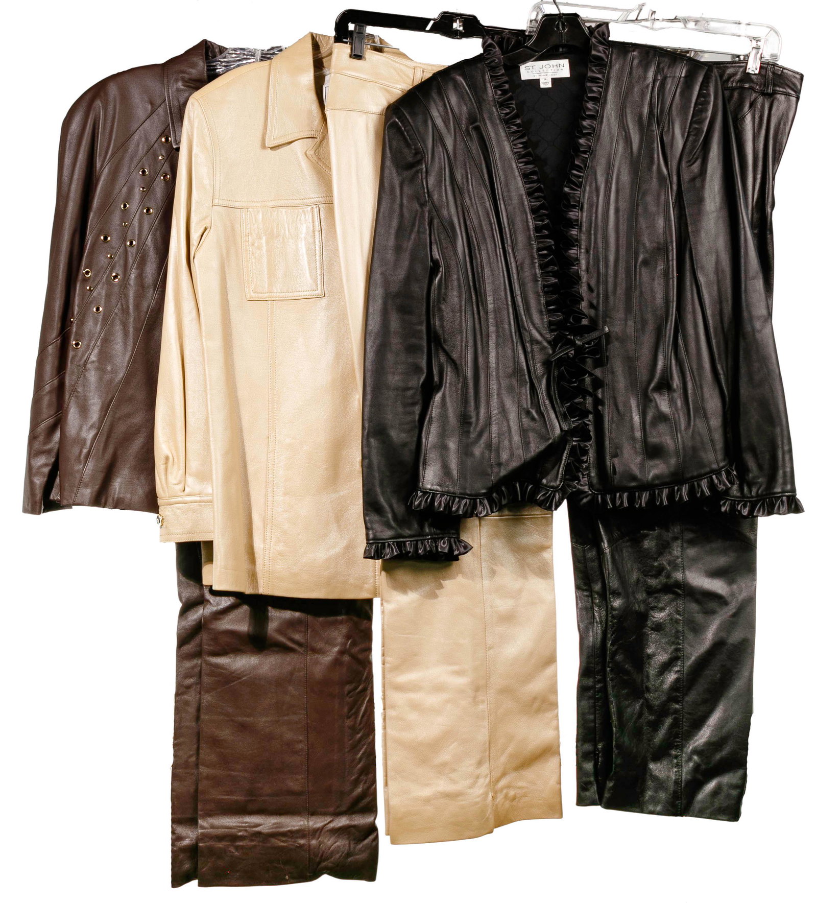 Marie Gray for St. John Leather Assortment: Marie Gray for St. John Leather Assortment (3) leather pant sets including a camel set having a button down shirt style lined jacket with gold and black signature metal buttons (size L), lined boot-cu