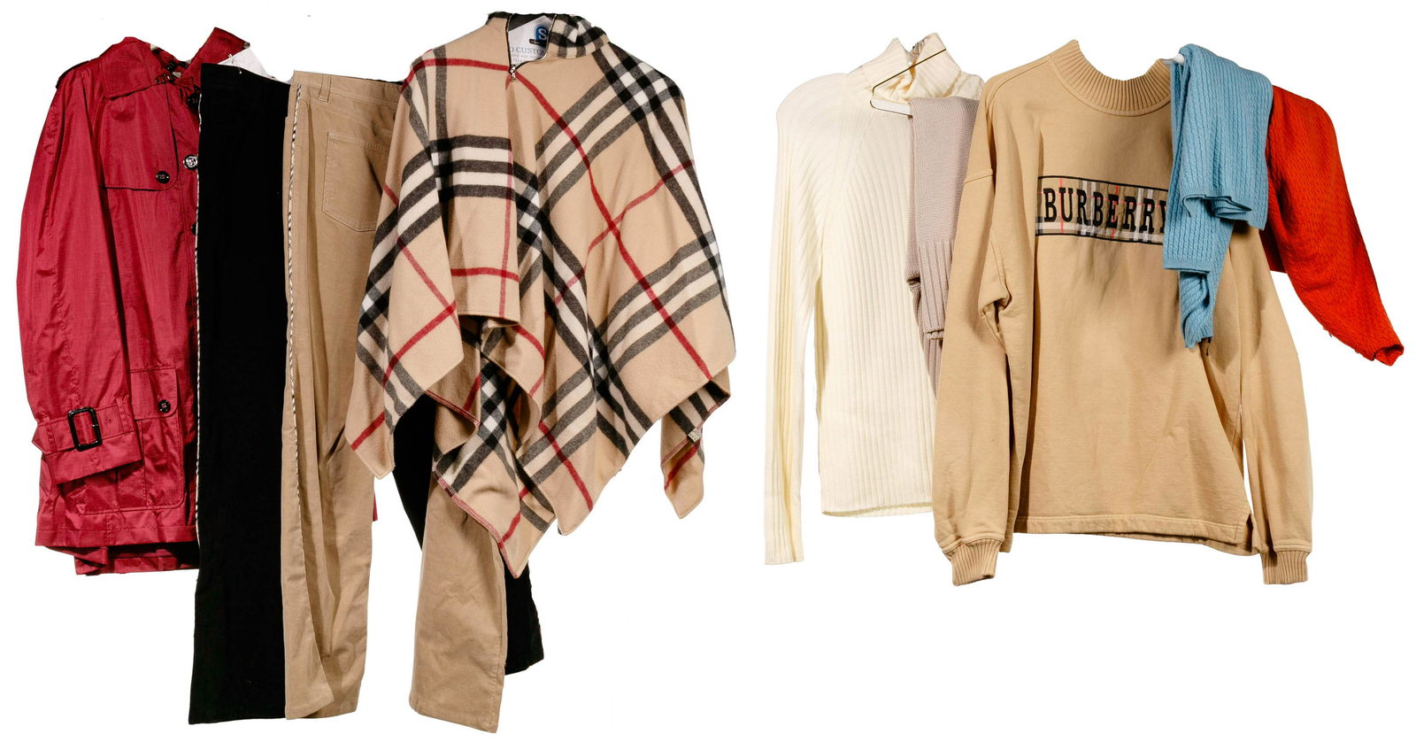 Burberry Assortment: Burberry Assortment (9) items including a merino wool zip front poncho, a raspberry nylon coat, (2) cashmere sweaters, (2) merino wool turtleneck sweaters, (2) pairs of corduroy pants and a logo sweat