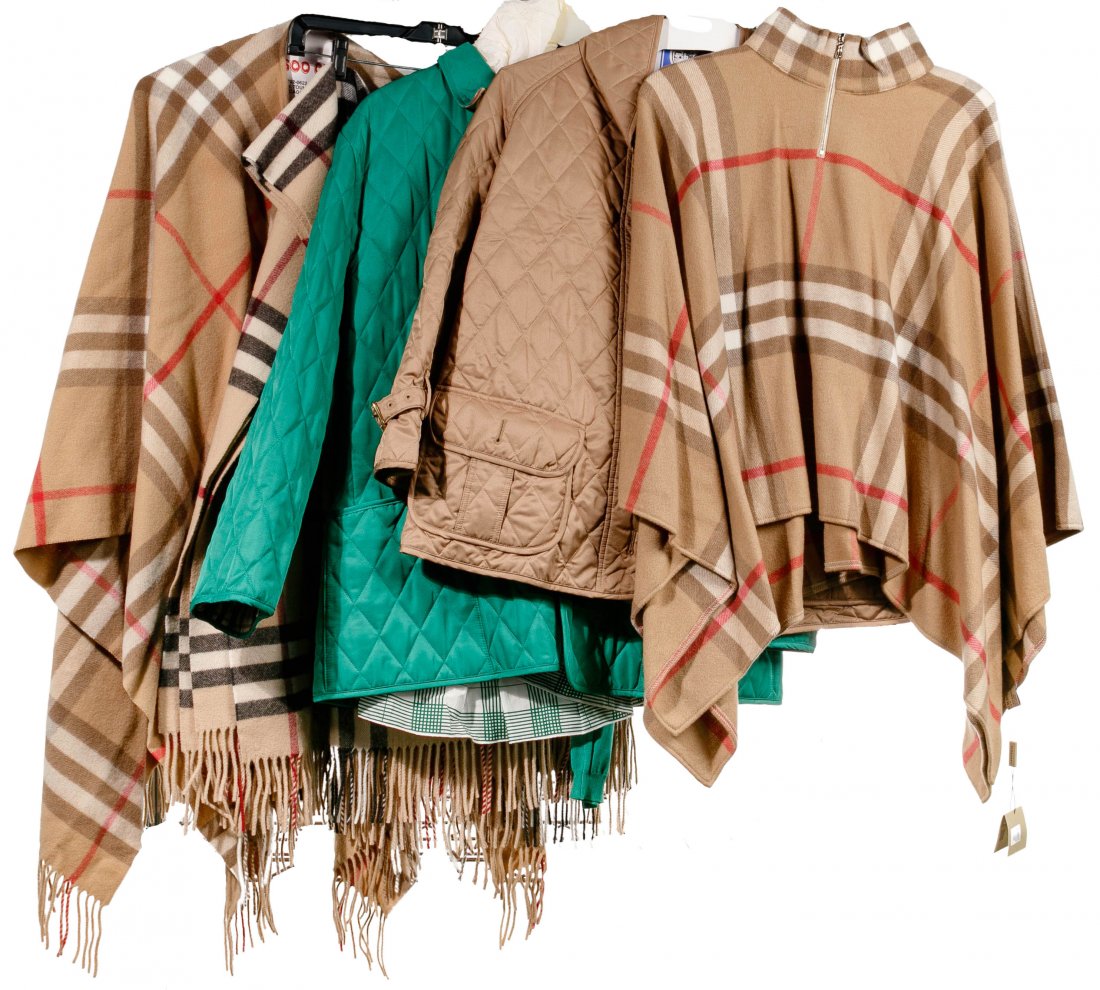 Burberry Assortment: Burberry Assortment (7) items including a plaid zipper front high neck poncho; (2) plaid fringed wraps / shawls; a beige diamond quilted jacket with flap front pockets and signature gold buttons (size