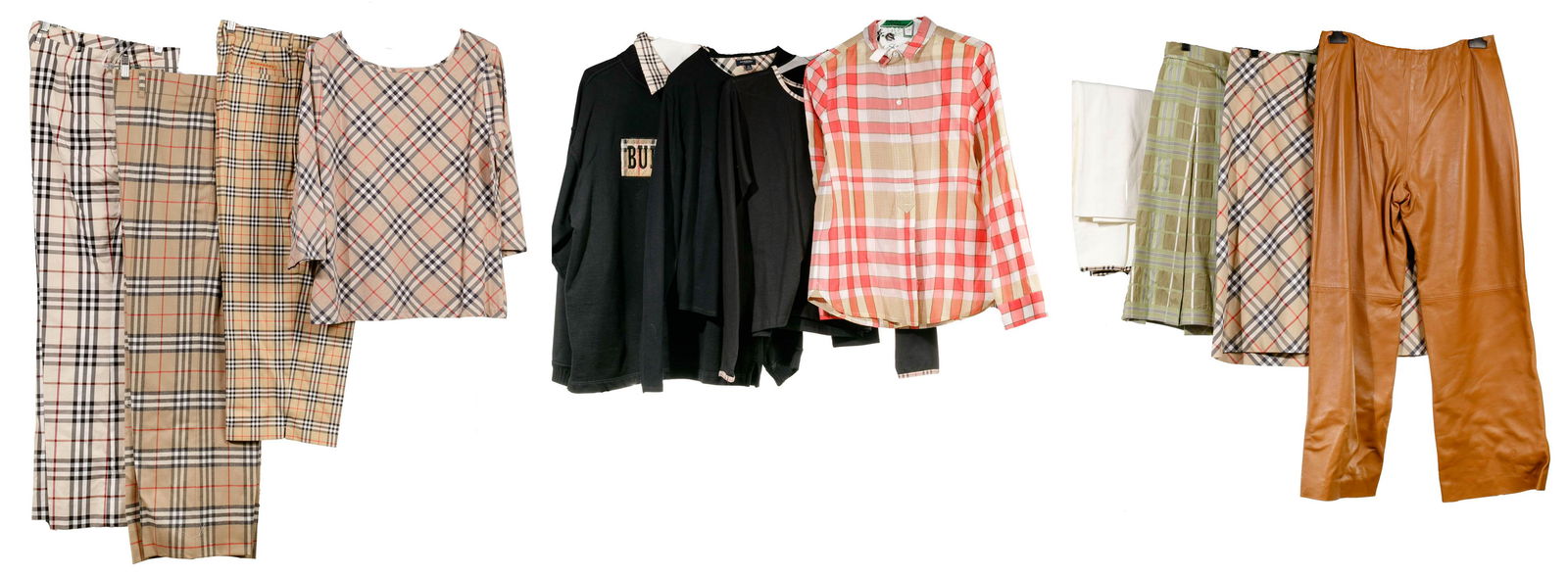 Burberry Separates Assortment: Burberry Separates Assortment (13) items including (2) skirts, (3) pairs of pants, a pair of camel leather pants, (2) button down shirts, (4) cotton tee-shirts and a logo sweatshirt; most displaying t