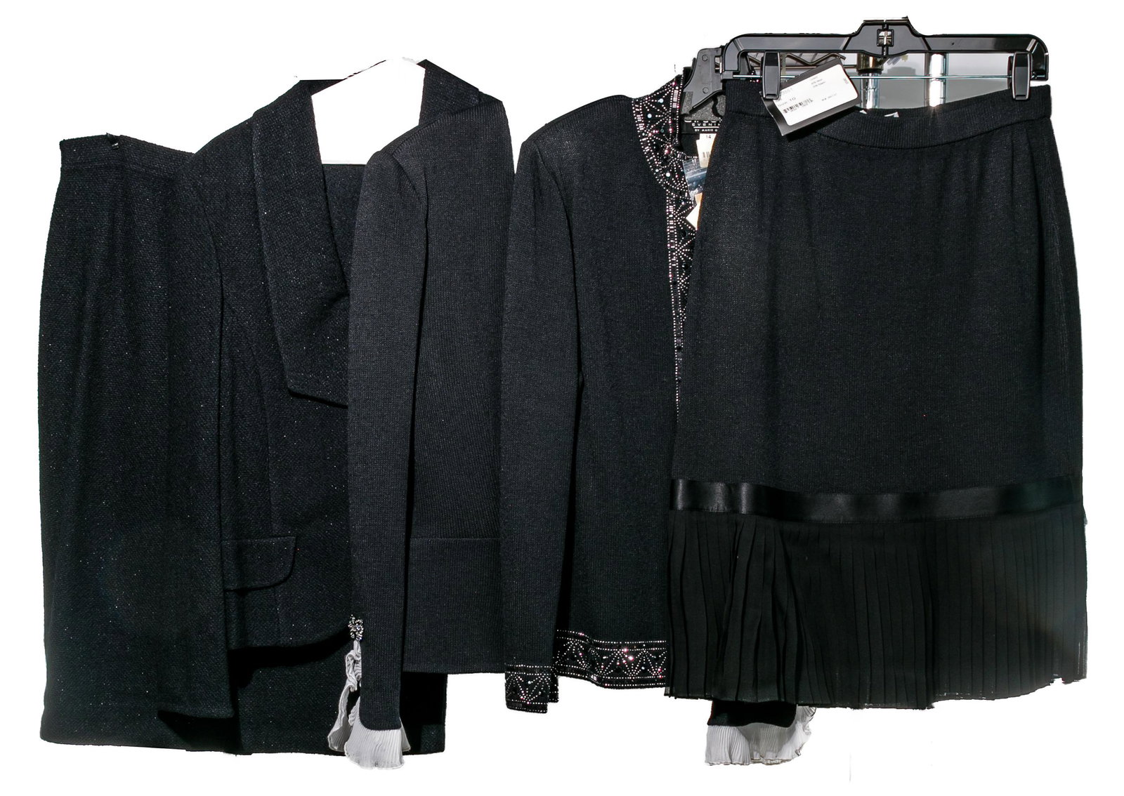 Marie Gray for St. John Evening Assortment: Marie Gray for St. John Evening Assortment (10) items including a tan shimmery leather jacket and pants (size 14); tan silk blouse having cluster crystal buttons (size 14); knit white wool jacket havi