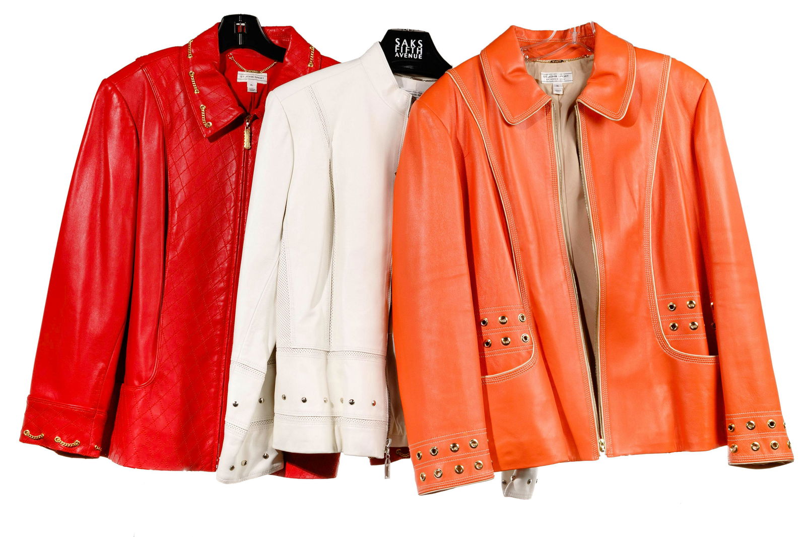 St. John Leather Jacket Assortment: St. John Leather Jacket Assortment (3) items including a red having gold metal chain accents along collar and cuffs, zipper closure and quilted front design (size XL); a melon having grommet accents o