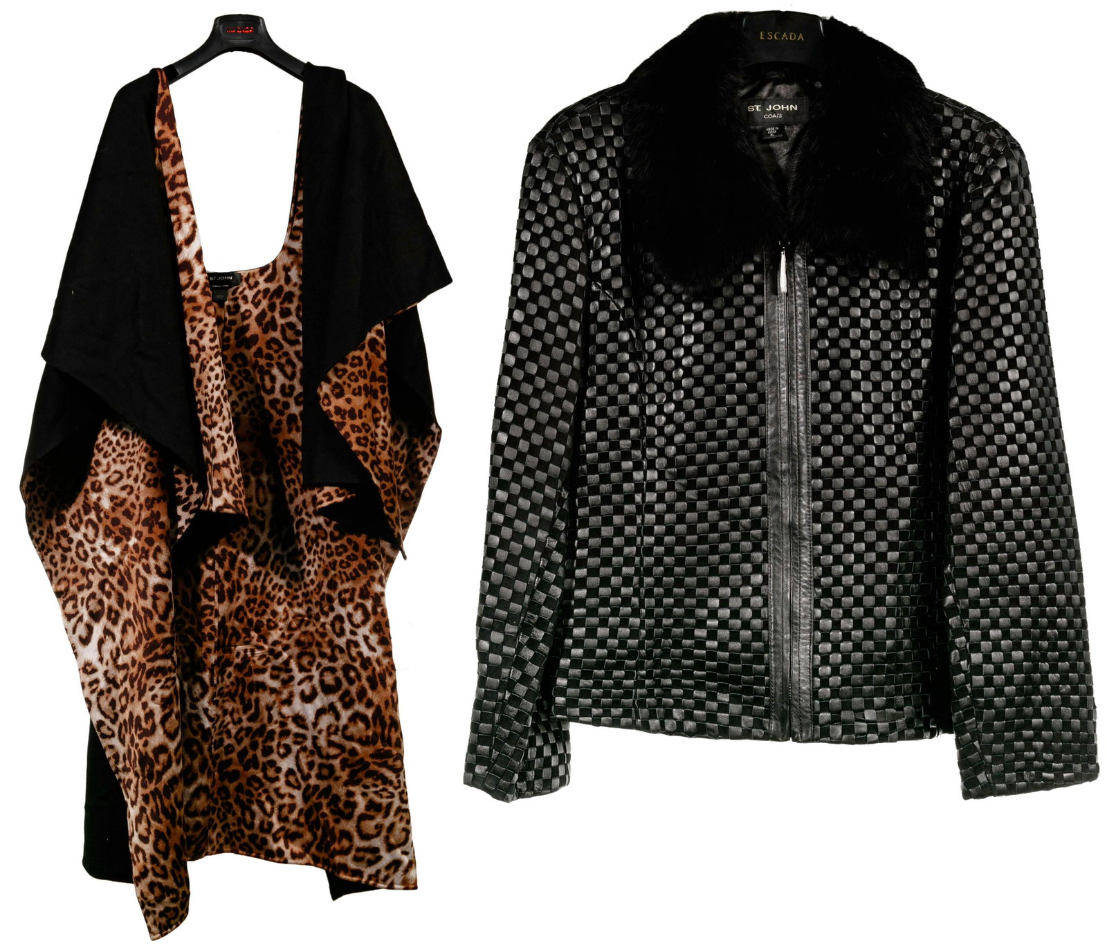 St. John Cape and Fur-trimmed Woven Leather Jacket: St. John Cape and Fur-trimmed Woven Leather Jacket (2) items including a black wool (90-percent) and cashmere (10-percent) outer shawl having a leopard print rayon fabric inner (one size); and a black