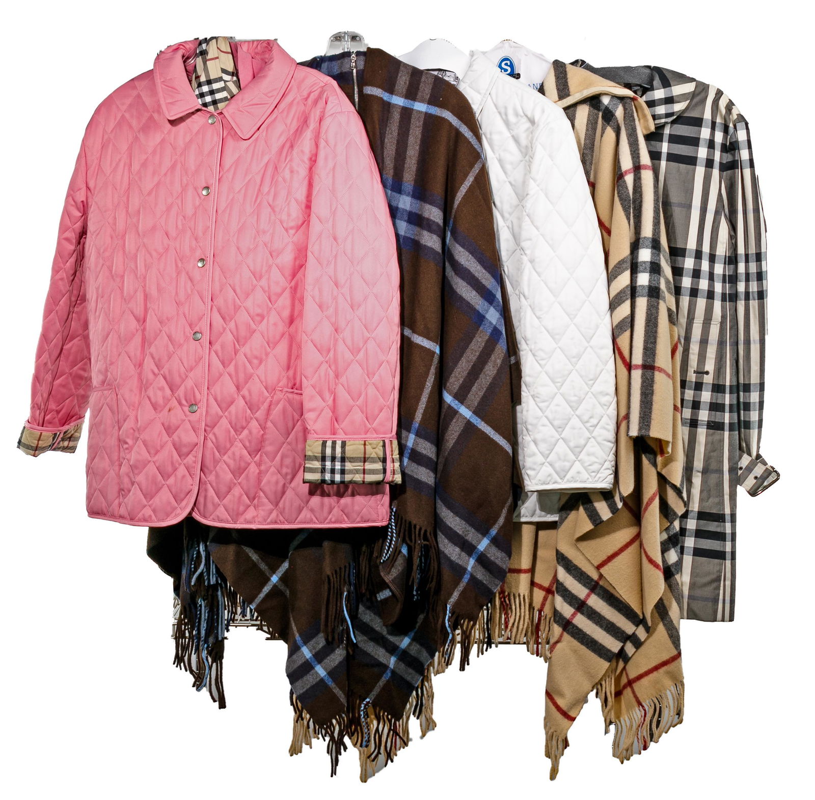 Burberry Outerwear Assortment: Burberry Outerwear Assortment (5) items including an ensemble consisting of a pink quilted jacket with plaid lining and snap buttons (size XL); a pink polo shirt and white t-shirt having plaid collar