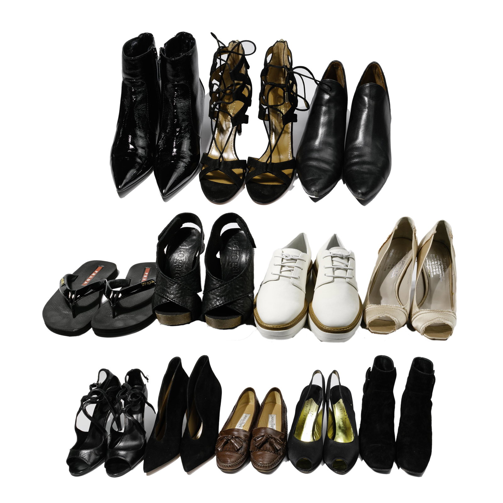 Italian Shoe Assortment: Italian Shoe Assortment (12) items including by Aquatalia black patent leather ankle boots having kitten heel and side zipper and black leather cropped ankle boots having chunky heel and elastic suede