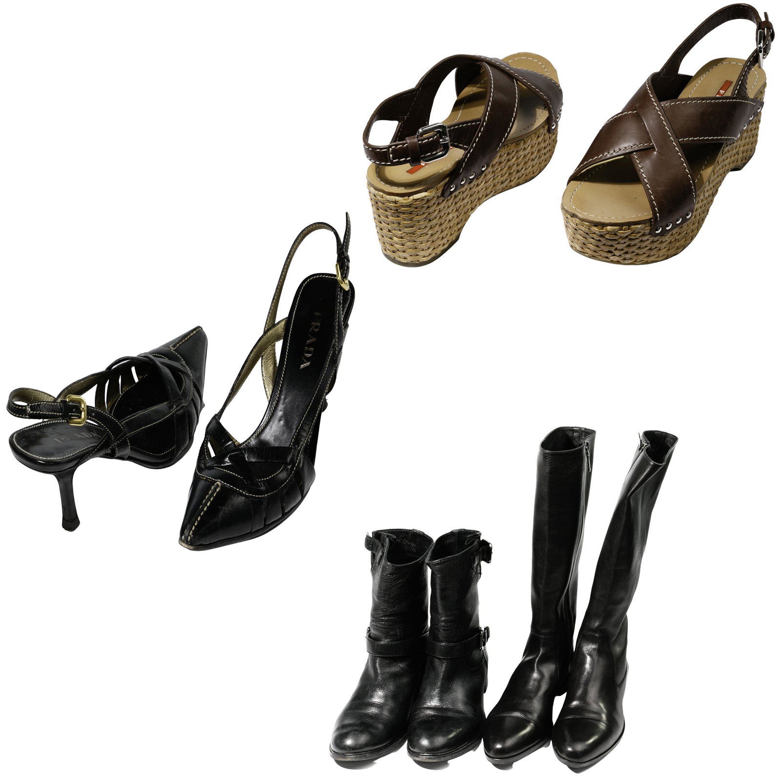 Prada Shoe and Boot Assortment: Prada Shoe and Boot Assortment (4) items including black leather half boots #3U5606, black leather tall boots #1W544A, brown leather wedge sandals #3XZ176 and black leather kitten heel slingbacks; thr