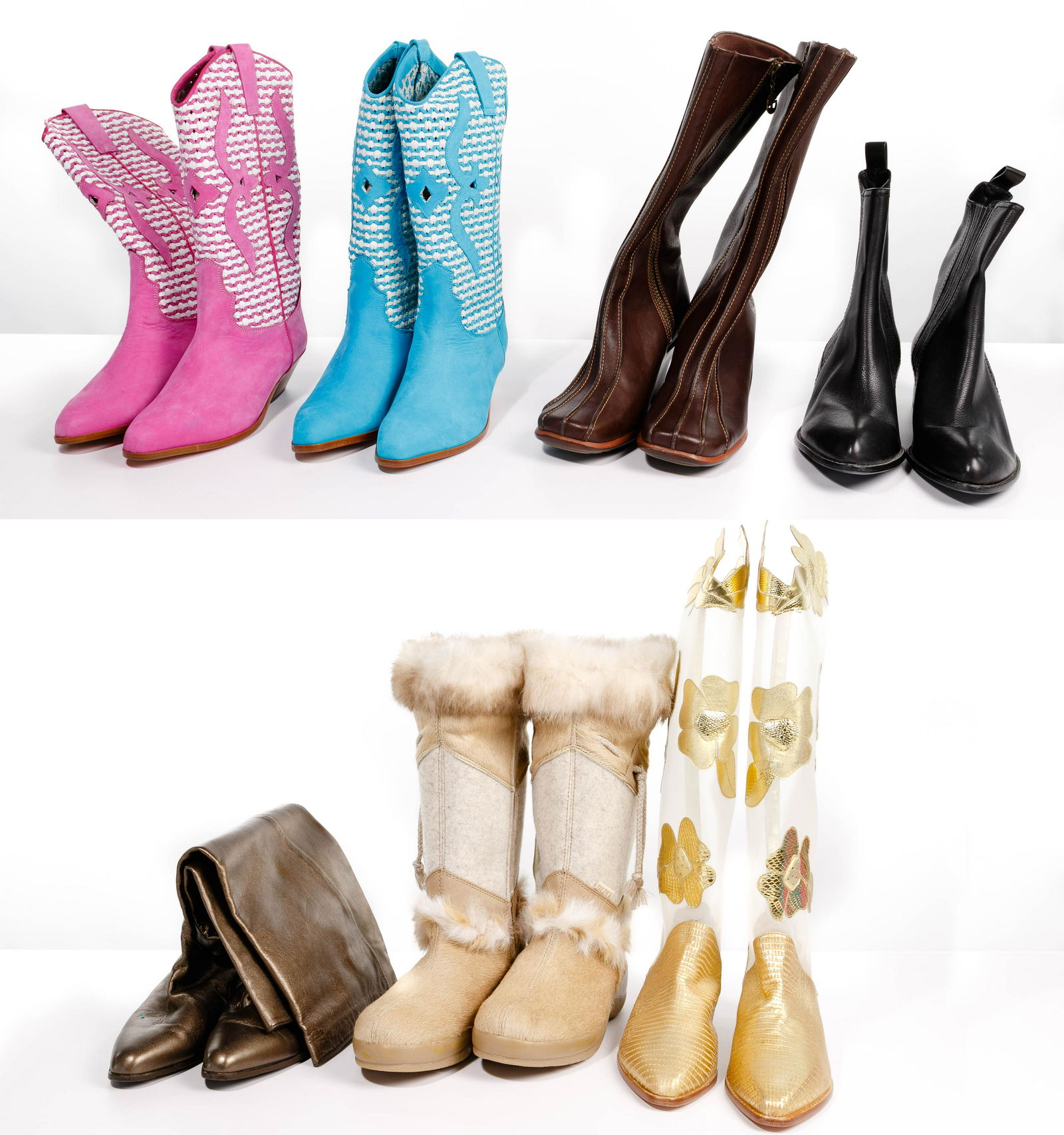 Boot Assortment: Boot Assortment (7) pair including Alexander Wang black leather ankle boots having a modernist heel with rose gold accents; Tecnia 'Alaska' cold weather boots having cowhide, fur and wool trim; Zalo c