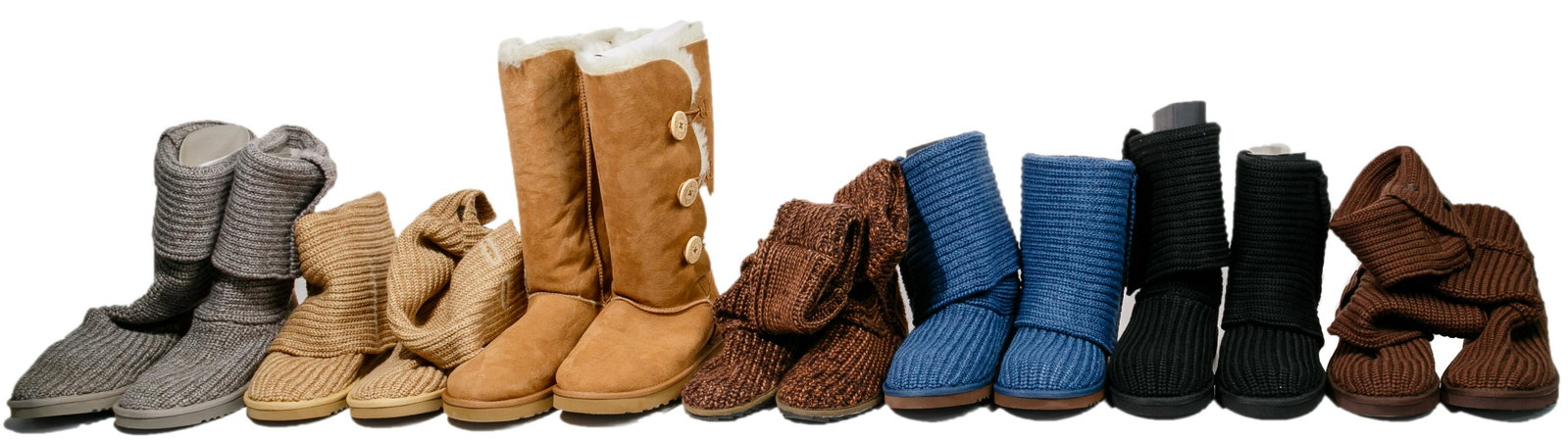 UGG Boot Assortment: UGG Boot Assortment (6) items including (5) pair of 'Classic Cardy' knit boots in indigo, black, brown, beige and grey (all size 9) and a pair of 'Baily Button Triplet' tall tan suede boots (size 10);