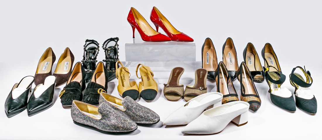 Chanel, Fendi, Christian Louboutin and Designer Shoe: Chanel, Fendi, Christian Louboutin and Designer Shoe Assortment (13) items including Chanel beige and black closed toe sling backs having chunky low heel; Fendi beige mesh pumps having metallic French