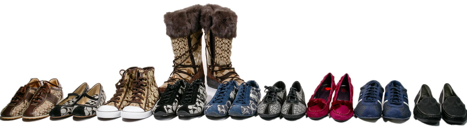 Coach Shoe Assortment: Coach Shoe Assortment (11) pairs including sneakers, heels, boots and loafers; most having logo fabric; (10) in original boxes Size: 8, 8.5 Condition: Very Good, light wear; most appear unworn; writin