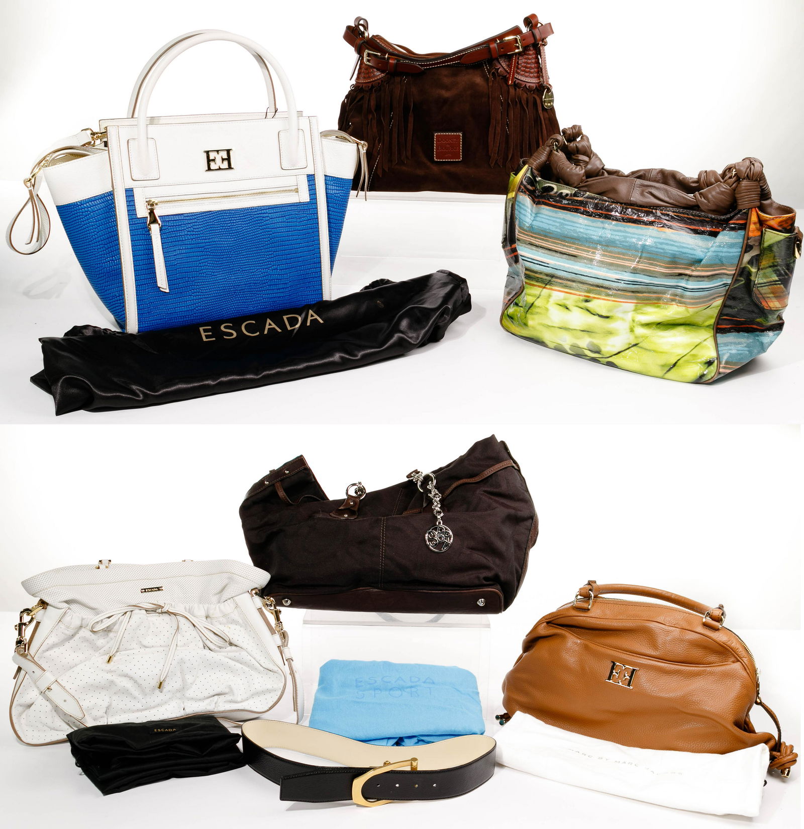 Escada Handbag Assortment: Escada Handbag Assortment (5) Escada handbags including a blue and white leather tote having removable shoulder strap and original tags; a light brown leather bowling style having original tags; a whi