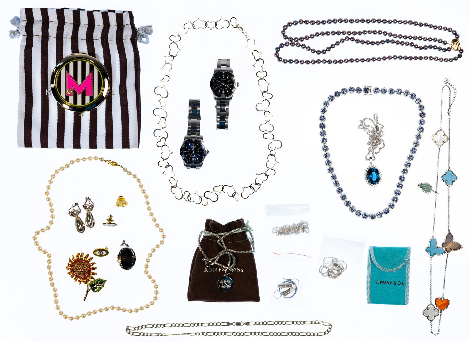 Sterling Silver and Costume Assortment: Sterling Silver and Costume Assortment (21) items including an Orianne clustered blue stones and halo crystals necklace; (3) silver chains; a monogrammed pendant and popcorn chain; drop earrings havin