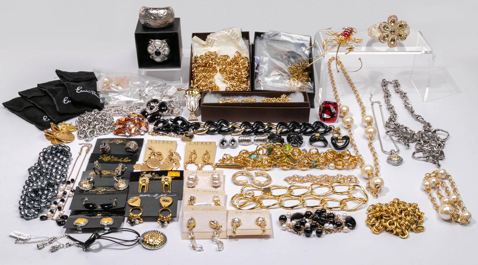 Designer Jewelry Assortment: Designer Jewelry Assortment Approximately (9) pounds including necklaces, bracelets, earrings, rings, cuffs and brooches by designers Erwin Pearl, St. John, Landau, Park Lane and Escada; most marked w