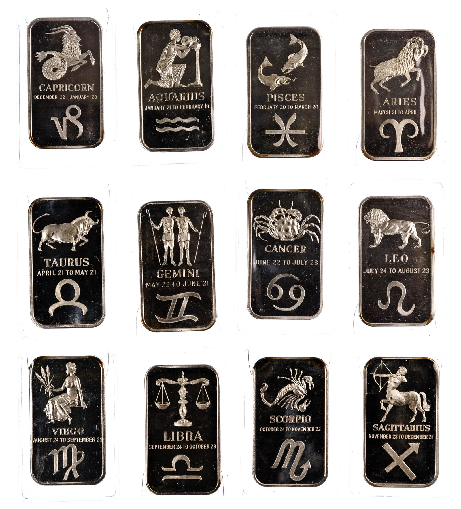 Madison Mint Fine Silver (999) Zodiac Bar Assortment: Madison Mint Fine Silver (999) Zodiac Bar Assortment (12) bars with one for each Zodiac sign, each weighing 1 ozt Category: Bullion Coins > Silver Bars and Rounds Estimated Sale Time: 2:20 pm CST Ship