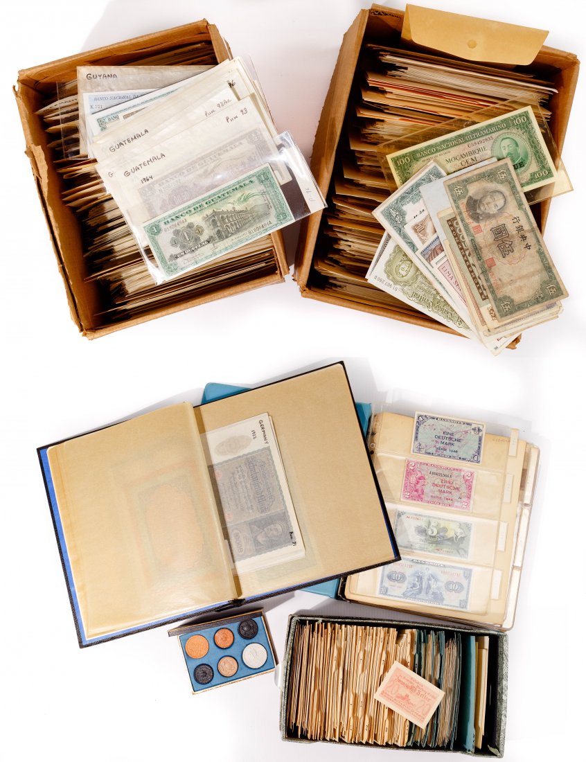 World: Currency and German Notgeld Assortment: World: Currency and German Notgeld Assortment Approximately (2200) notes including a box of German Notgeld, filed alphabetically by city; a binder containing German paper currency in plastic sleeves; 