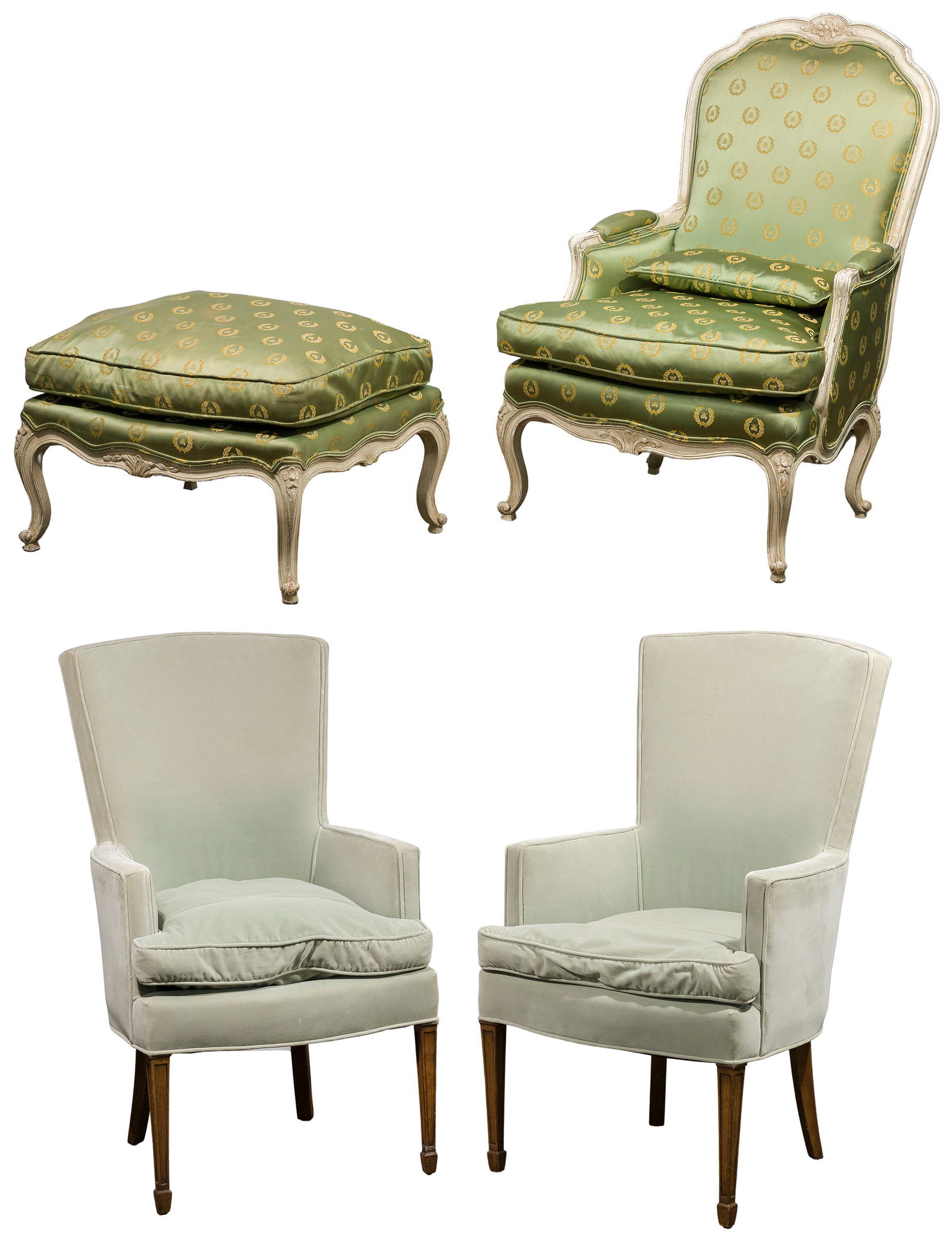 French Provincial Style Upholstered Chair and Ottoman: French Provincial Style Upholstered Chair and Ottoman Painted and carved distressed white frames, chair having high back and arms, green silk upholstery having repeating yellow crest and bee embroider