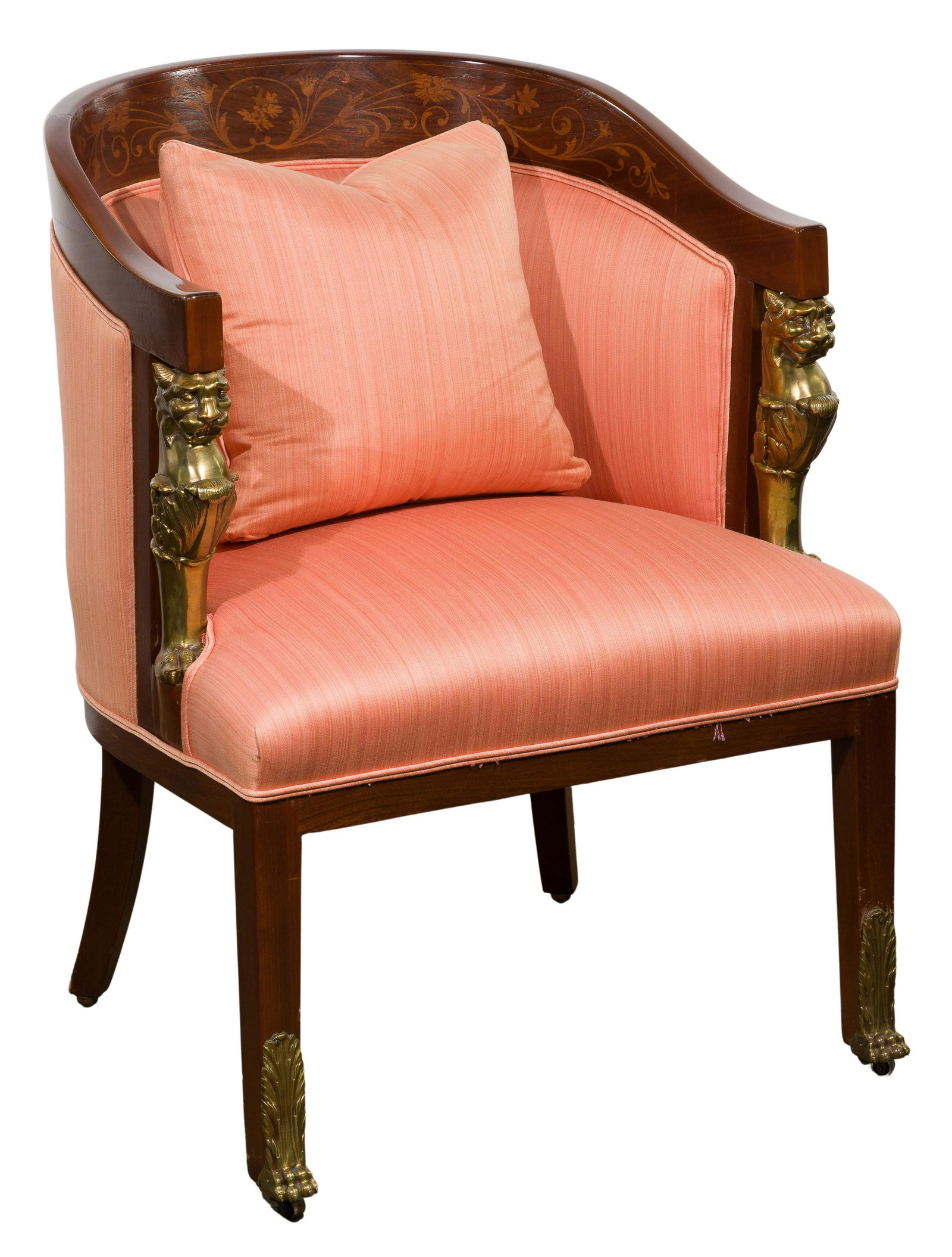 Regency Style Inlaid Library Chair: Regency Style Inlaid Library Chair Barrel shaped having inlaid floral and vines along inner back of chair; tangerine / melon color fabric; bronze lion heads sitting atop a paw footed base on either si