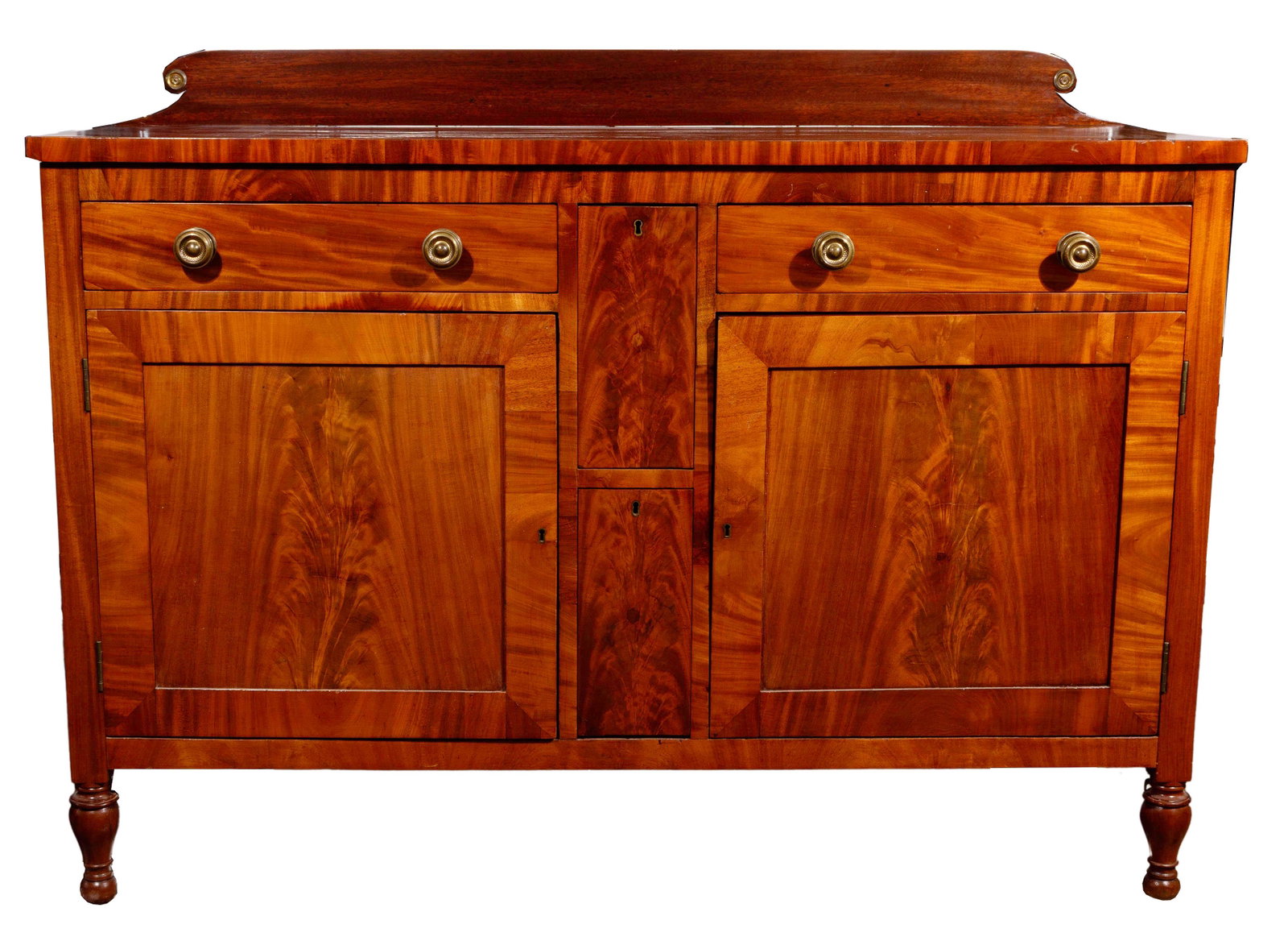 American Federal Mahogany Sheraton Sideboard: American Federal Mahogany Sheraton Sideboard Early 19th century, approximately (1815-1825); constructed of mahogany and figured mahogany veneers; having two silver drawers over two deep stacked bottle