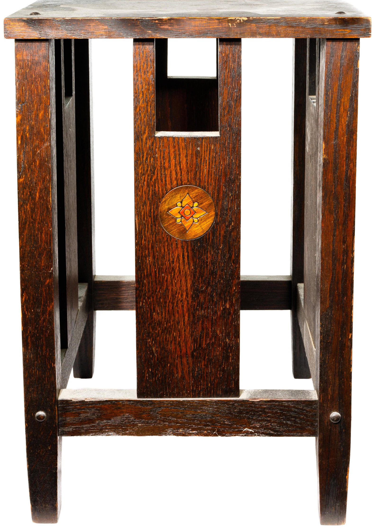 Arts and Crafts Stained Oak Plant Stand: Arts and Crafts Stained Oak Plant Stand Square-top plant stand having geometric inlays on the center supports Property from: the Joshua B. Kind Trust. Joshua B. Kind was a Professor of Art History at 