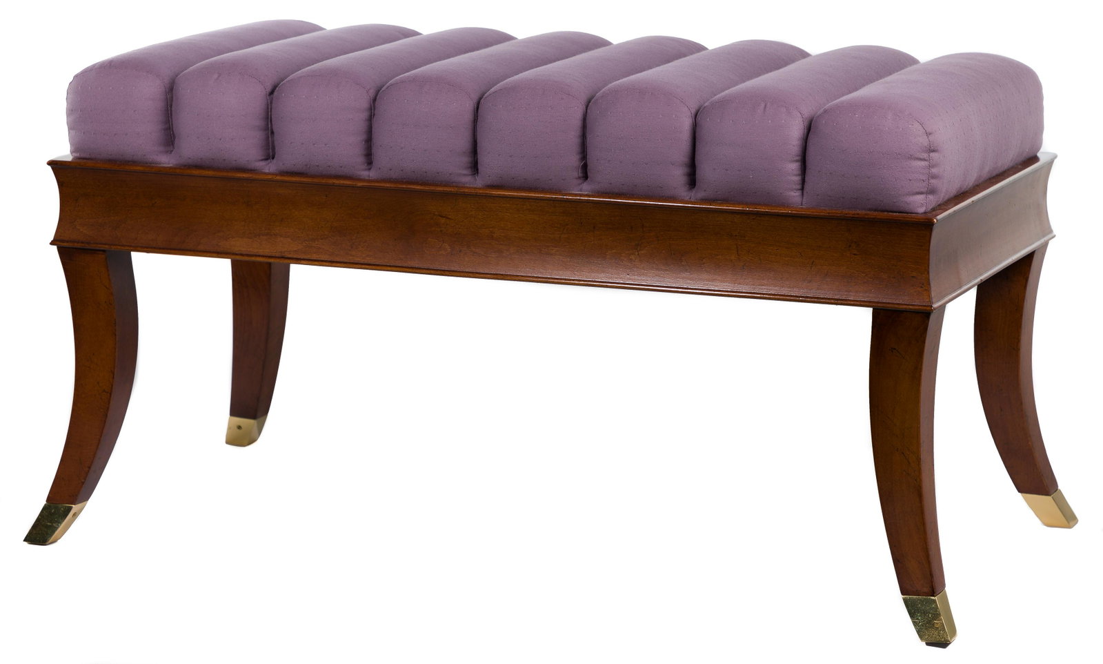 Baker Furniture Purple Upholstered Bench: Baker Furniture Purple Upholstered Bench Regency style mahogany frame, rolled channel seat, sabre style legs, having brass capped feet; Baker label on underside Property from: a Chicago (Gold Coast), 
