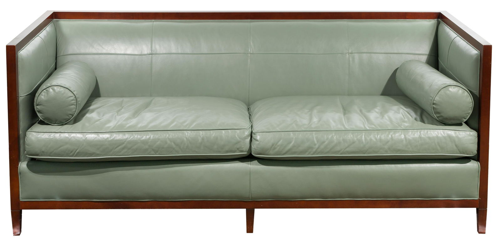 Baker Furniture Wood and Leather Couch: Baker Furniture Wood and Leather Couch Wood frame, sage green leather upholstery, (2) seat cushions and (2) matching bolsters; manufacturer tag beneath cushions Property from: a Chicago (Gold Coast),