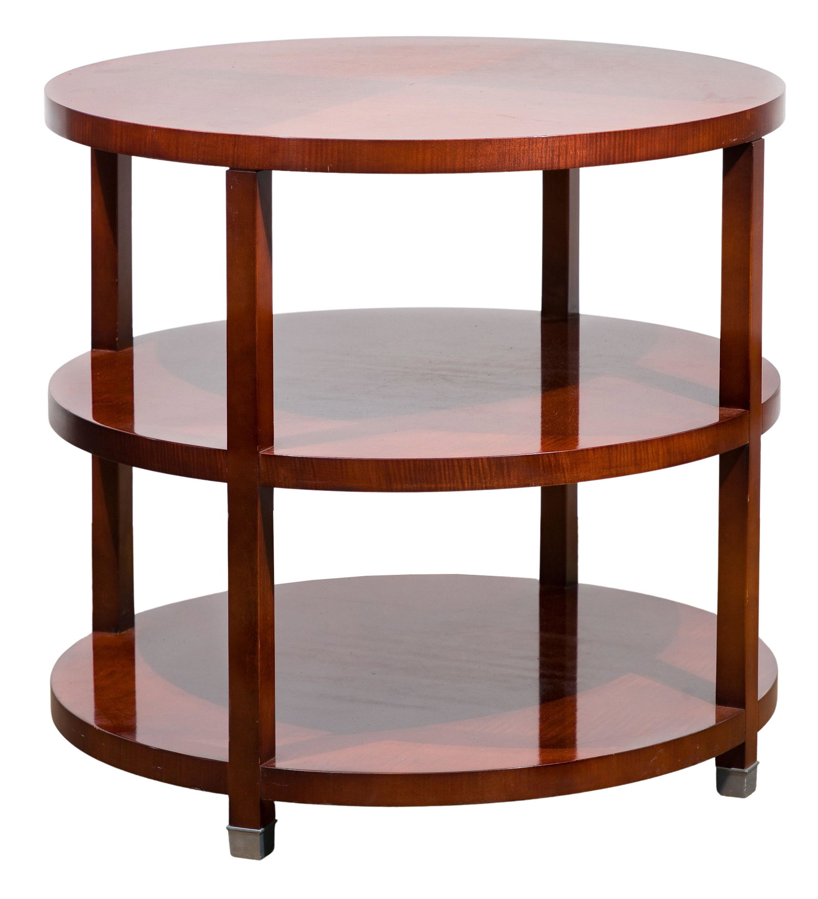 Baker Furniture Wood Laminate Accent Table: Baker Furniture Wood Laminate Accent Table Having a glossy finish, 3-tiers, silver-tone capped feet and maker tag on the underside Property from: a Chicago (Gold Coast), Illinois collector Height: 26 