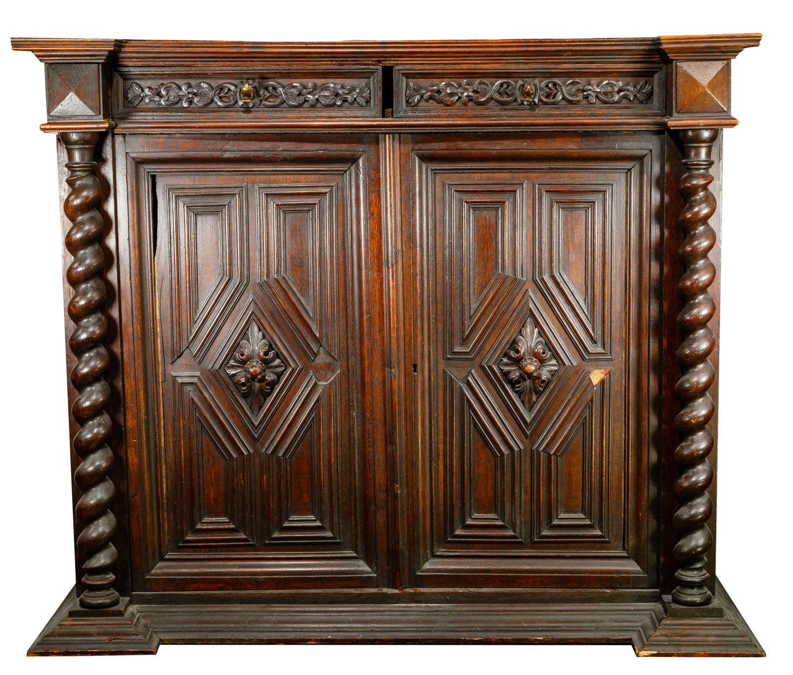 British Colonial Carved Wood Cabinet: British Colonial Carved Wood Cabinet Having (2) half drawers over (2) half doors flanked by barley twist columns Property from: a Chicago (Lincoln Park), Illinois estate Height: 41 inches, Width: 47 i