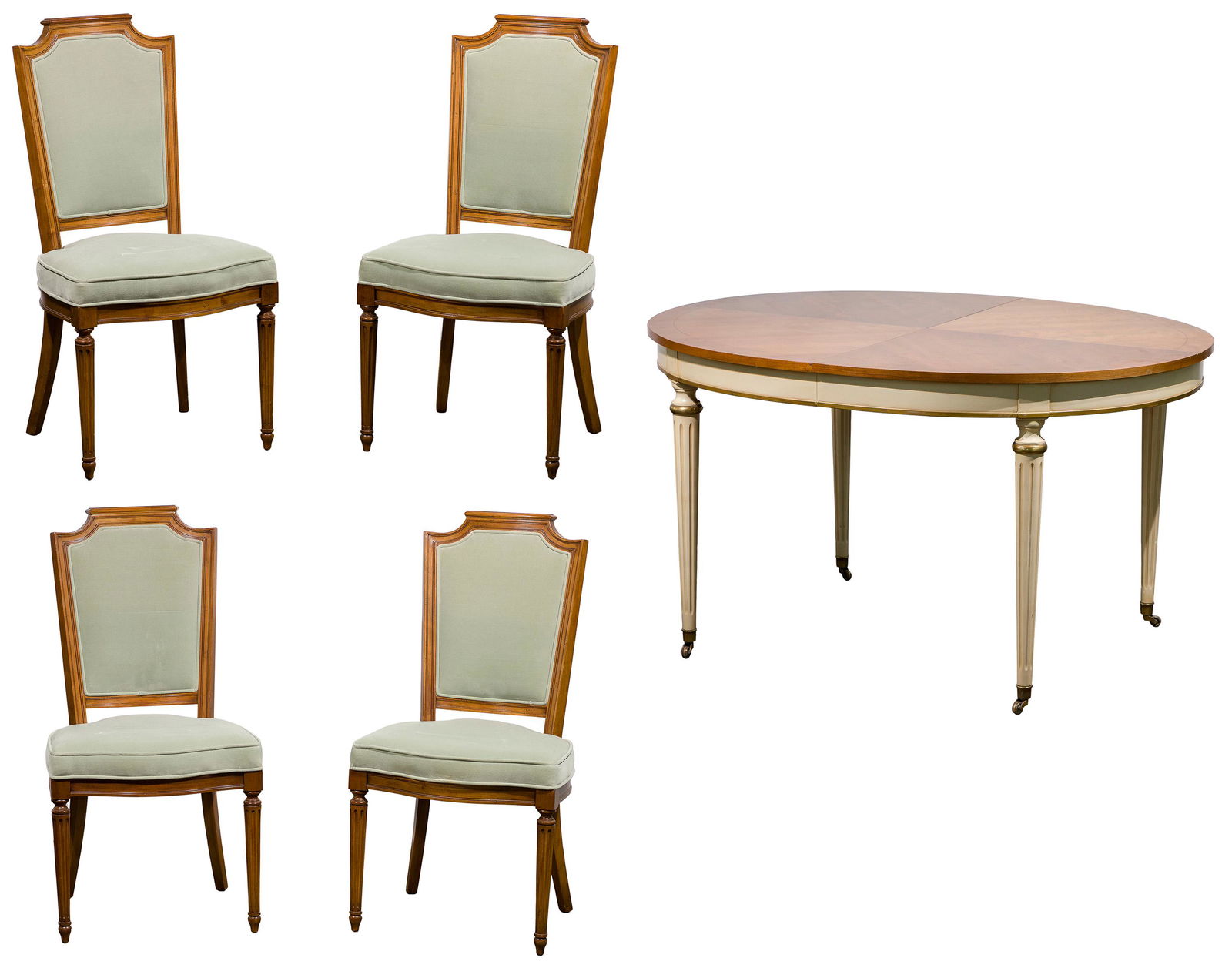 Kindel Dining Table and Upholstered Chairs: Kindel Dining Table and Upholstered Chairs Oval 'Belvedere' #46-17 D5 58 GG table with (3) 16-inch leaves and (4) chairs; table and leaves having inlaid fruitwood top with painted skirt and legs, make