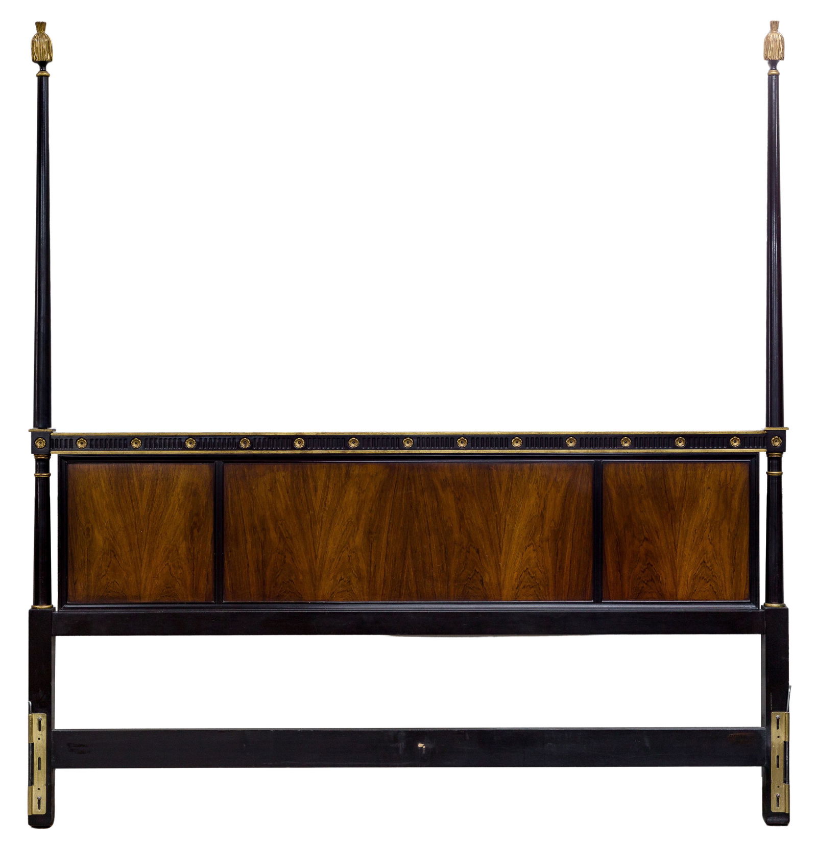 Mahogany, Black and Gilt King Size Headboard: Mahogany, Black and Gilt King Size Headboard Panel style having (2) posts with gilt tassel finials and a horizontal line of gilt rosette medallions on top of panel; together with attachment hardware P