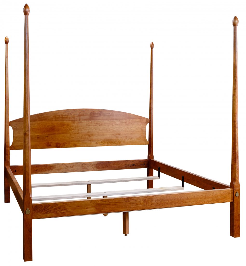 Stickley 'Duanesburg' Cherry King Size Bed: Stickley 'Duanesburg' Cherry King Size Bed Four-poster bed having egg-shaped finials, head board, foot board, side rails and slats on metal supports; metal tag and brand on back of bed frame, head boa