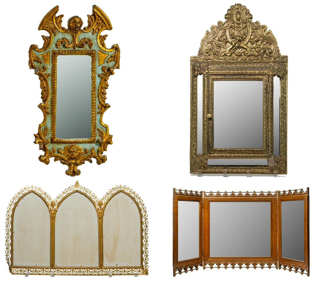 Gothic Style Mirror and Frame Assortment: Gothic Style Mirror and Frame Assortment (4) items including a three-panel hinged mirror having a wood frame decorated with Gothic style carved wood trim; a pressed brass key-cabinet having a botanica