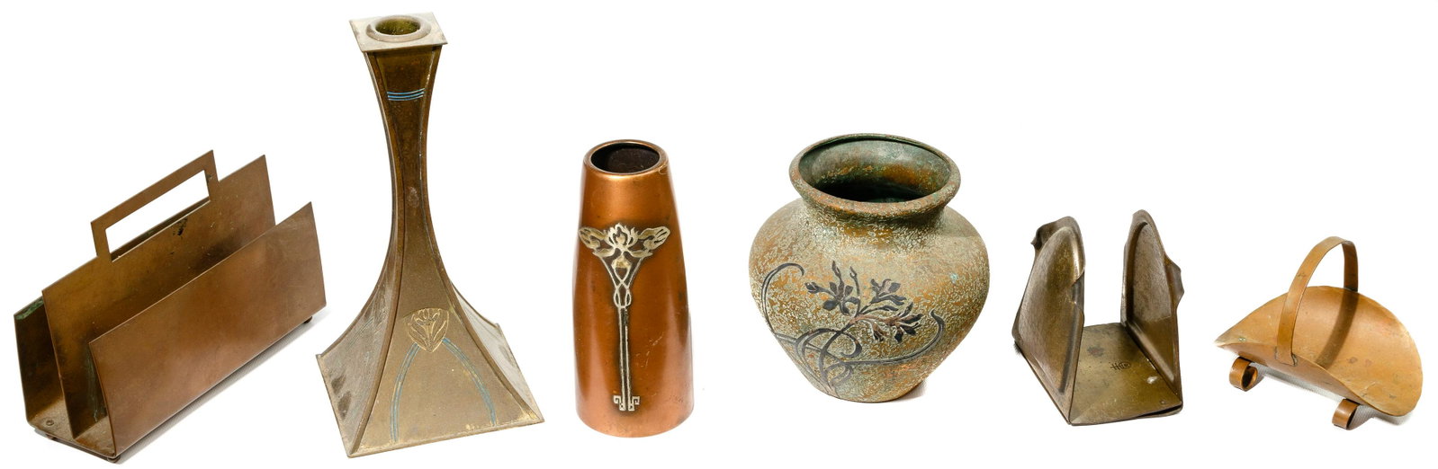 Arts and Crafts Bronze Copper Assortment: Arts and Crafts Bronze Copper Assortment (6) items including (2) Silver Crest bronze vases having sterling overlay, maker mark stamped on underside; Roycroft copper / brass bookends and small basket; 