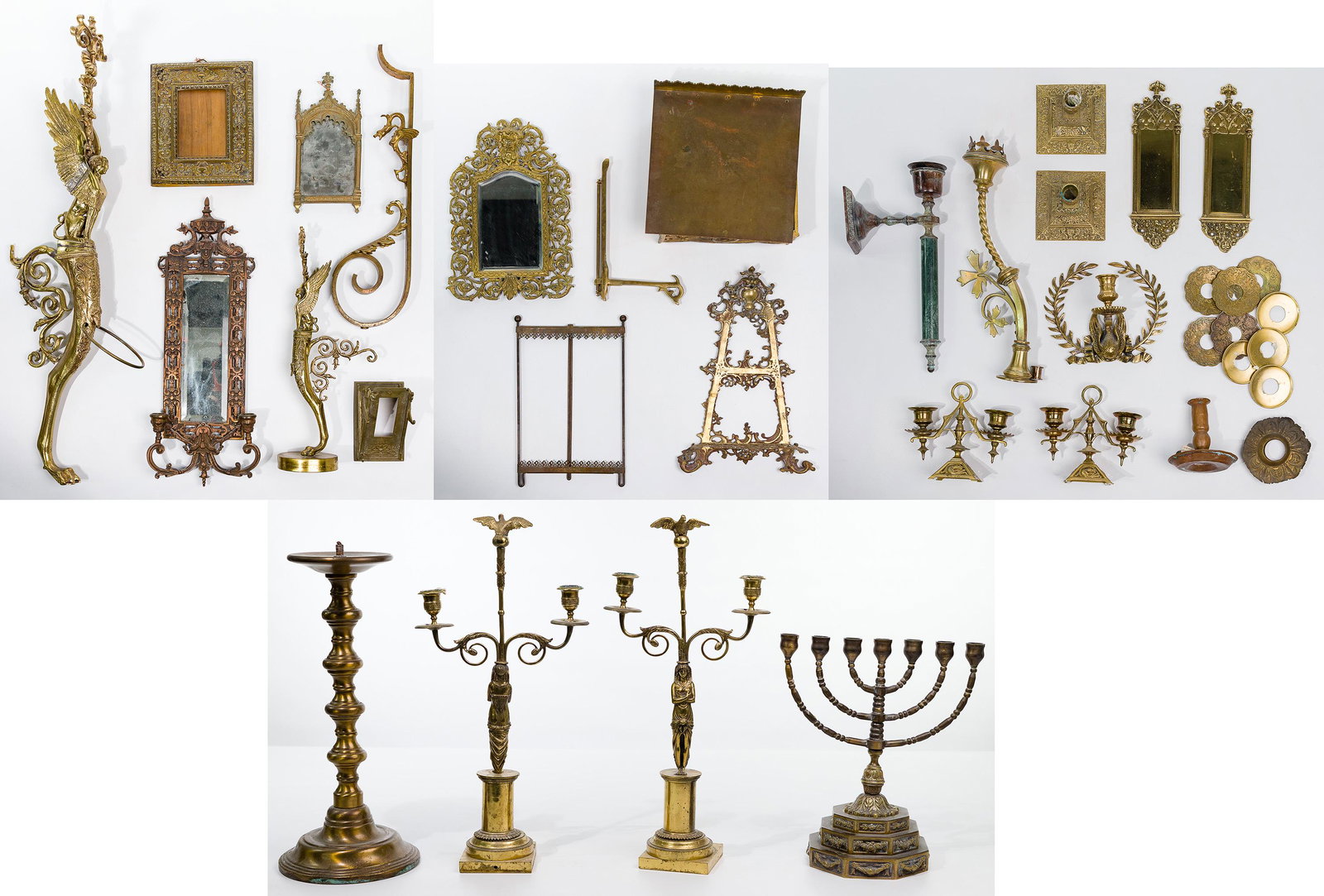 Brass Decorative Object Assortment: Brass Decorative Object Assortment Over (20) items including examples of sconces, candlesticks, Menorahs, picture frames and candle holders Property from: a Chicago (Lincoln Park), Illinois estate Hei