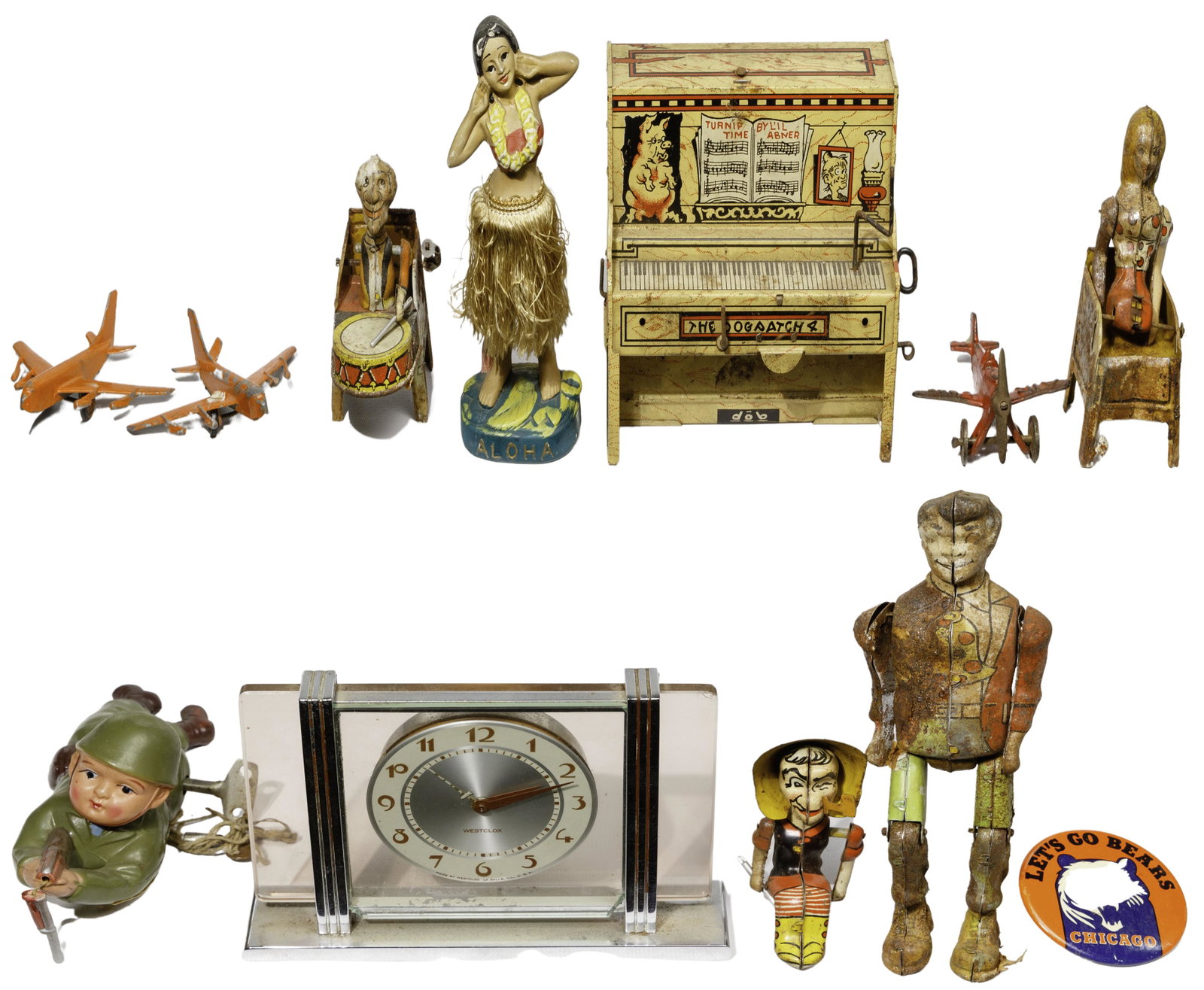 Collectible Clock and Toy Assortment: Collectible Clock and Toy Assortment (10) items including an illuminated chalkware altar; 'The Cathedral' model #35 clock by Haddon Products, Chicago, Ill; Westclox Art Deco alarm clock having pink gl