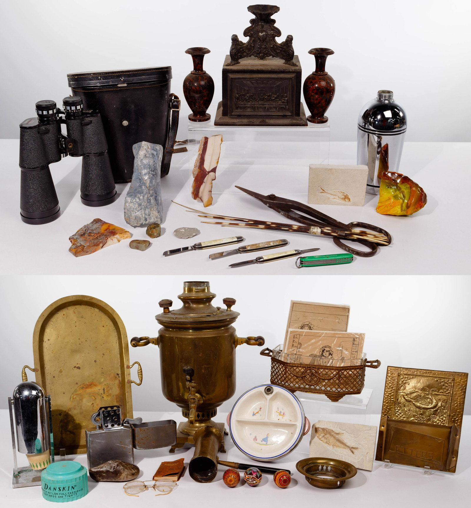 Collectible Object Assortment: Collectible Object Assortment (34) items featuring a Russian Samovar and tray; fish fossils; rocks; Tasco Binoculars #316 (20 x 60) having leather case; (3) mother of pearl pocket knives, Richards and